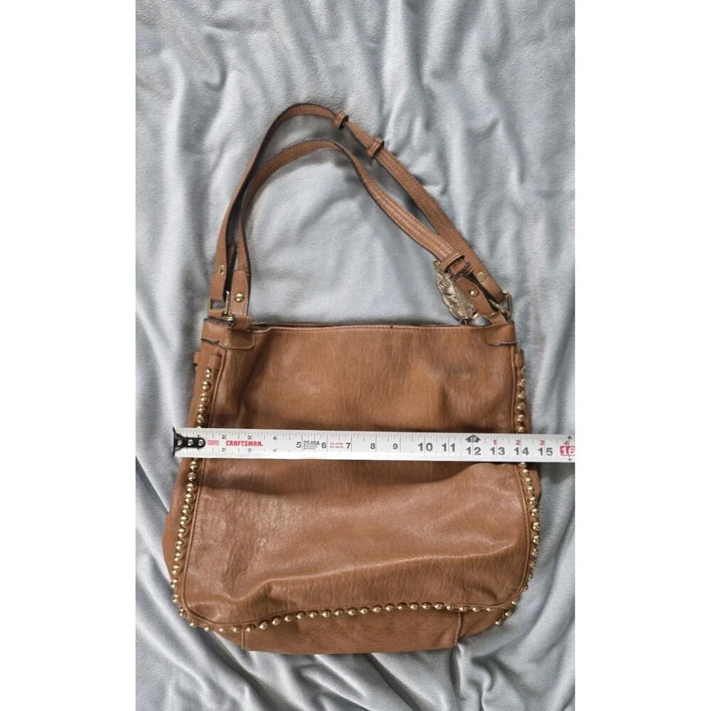 Jessica Simpson Cognac Studded Hobo Shoulder Bag Boho Y2K Feather Charm Purse